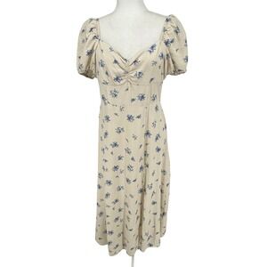 Clock House Midi Dress Womens M Off White Good Floral Linen Blend Puff Sleeve